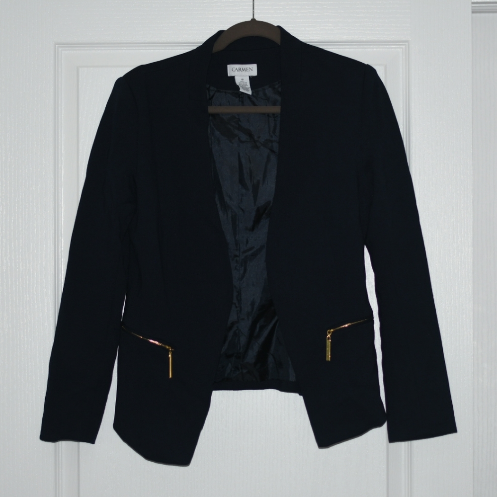 Carmen marc valvo navy blazer with gold zippers